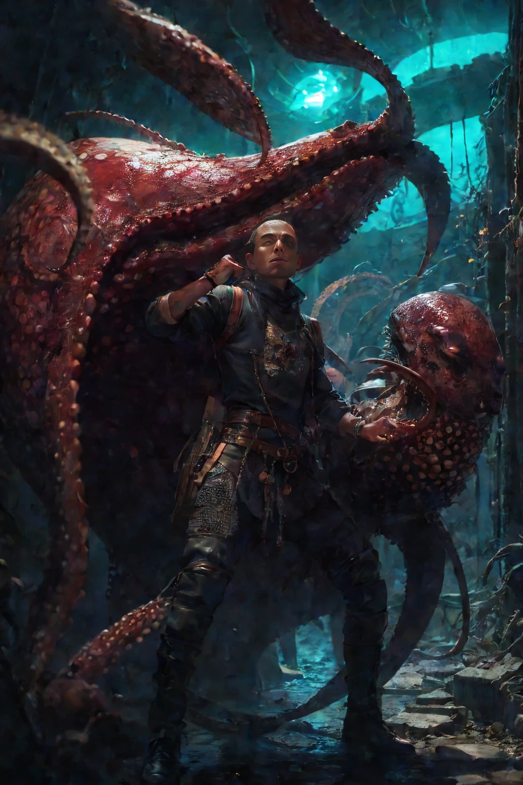 futuristic image, general shot whole body, majicMIX horror model ,CeltPunkAI,Biopunk 2 , a very thin man ((Alone)) He wears silver armor and a patterned helmet.. , Riding a giant octopus , His legs are seen inserted in stirrups attached to an octopus. , The octopus stands at its full height on the sea floor. , The octopus&#39;s tentacles are visible. , Front light . ((masterpiece)), ((better quality)), muy detailed,, V0id (masterpiece: 1.3), (better_quality: 1.3), (ultra_detailed: 1.3), 8k, extremely_Of course, realism, (ultrarealistic: 1.3), coloration, beautiful, Photorealisticc, realistic,HD,
