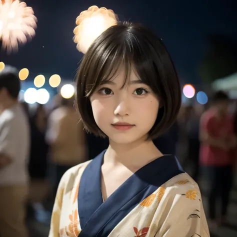 a cute young girl wearing a yukata at a fireworks festival, extremely detailed, high resolution, (realism:1.4), original photogr...