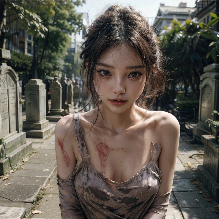 nsfw, corpse, sinister, female, thin, pale, looking at the camera, ultra realistic, fully detailed, cemetery environment, bright eyes, sexy body with blood, bones exposed, putrid wounds, , terrifying, bruised by the body, exposed fracture in the collarbone, slight smile, super detailed, black short hair, blood and wounds, no clothes, Jennie Kim, naked, naked body, no clothes, full naked