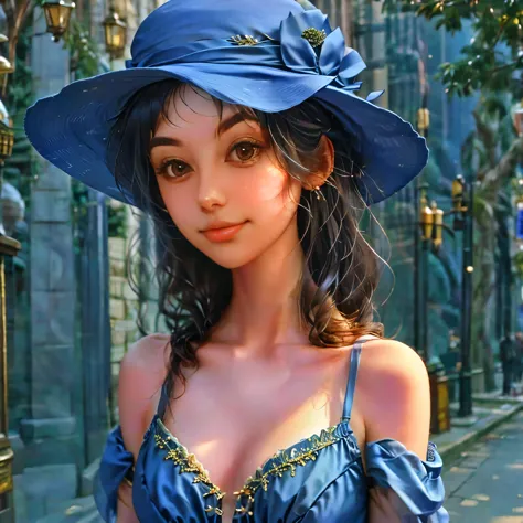 a close up of a woman with a hat and a dress