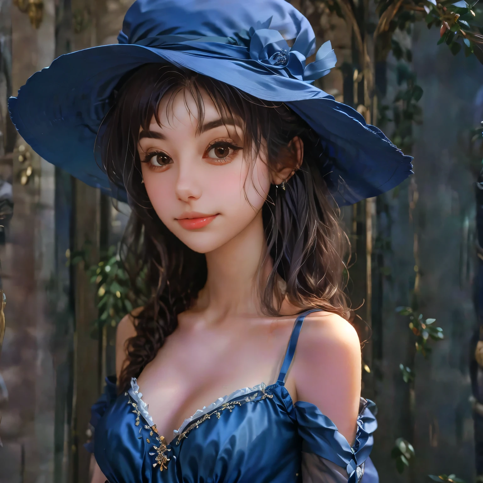 um close up de uma mulher com um chapéu e um vestido