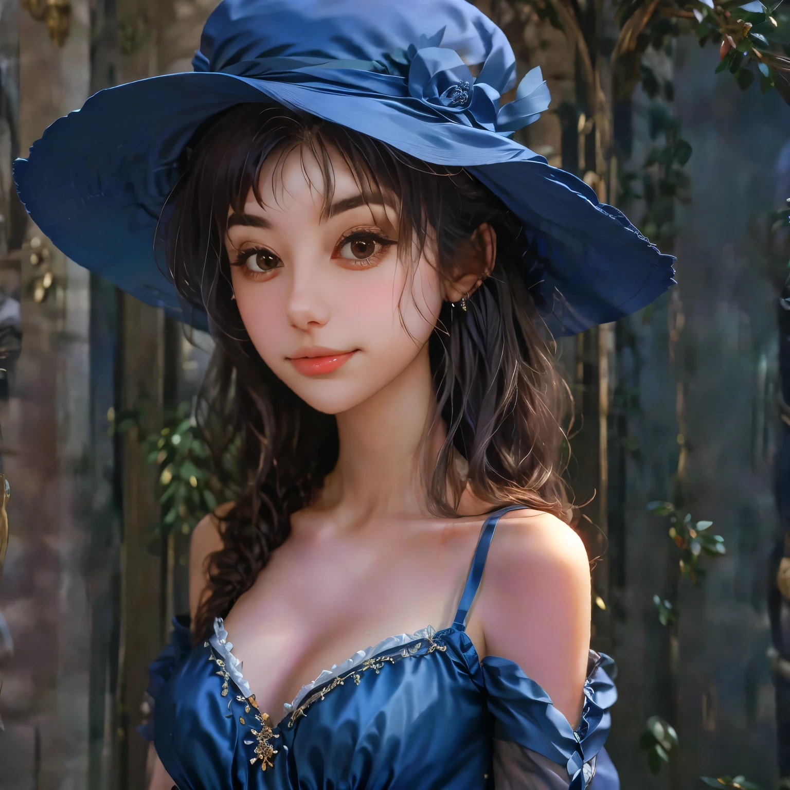 a close up of a woman with a hat and a dress