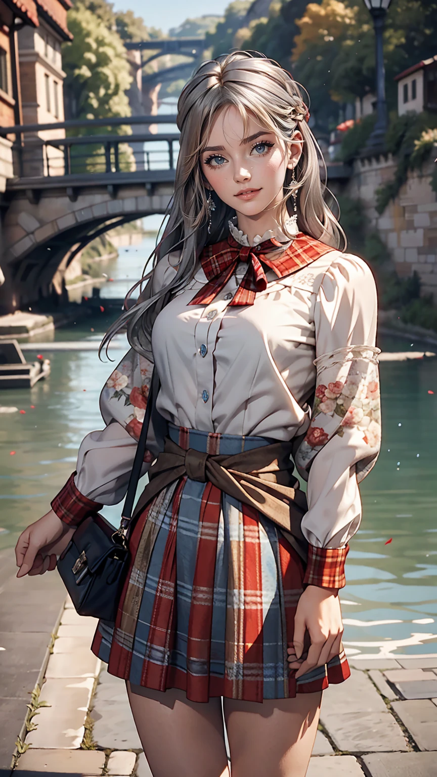 Claude Monet 、Dolceacqua Bridge、Wearing a red tartan mini skirt、Wearing a floral blouse、Silver Hair、blue eyes、Straight long hair_Hair reaching down to the waist、A shy smile