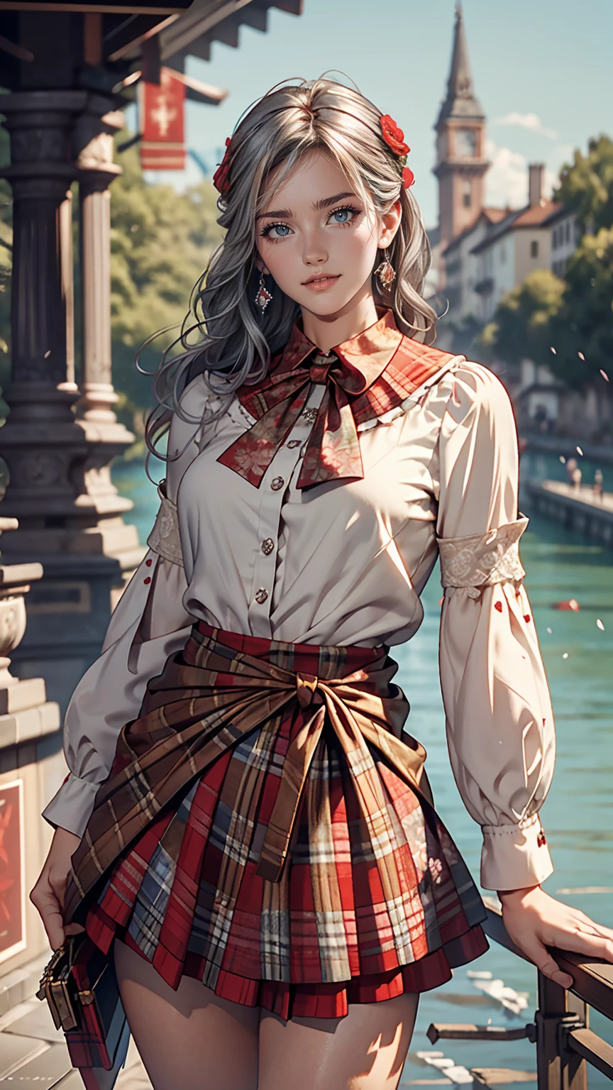 Claude Monet 、Dolceacqua Bridge、Wearing a red tartan mini skirt、Wearing a floral blouse、Silver Hair、blue eyes、Straight long hair_Hair reaching down to the waist、A shy smile