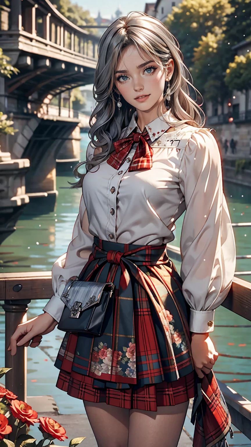 Claude Monet 、Dolceacqua Bridge、Wearing a red tartan mini skirt、Wearing a floral blouse、Silver Hair、blue eyes、Straight long hair_Hair reaching down to the waist、A shy smile