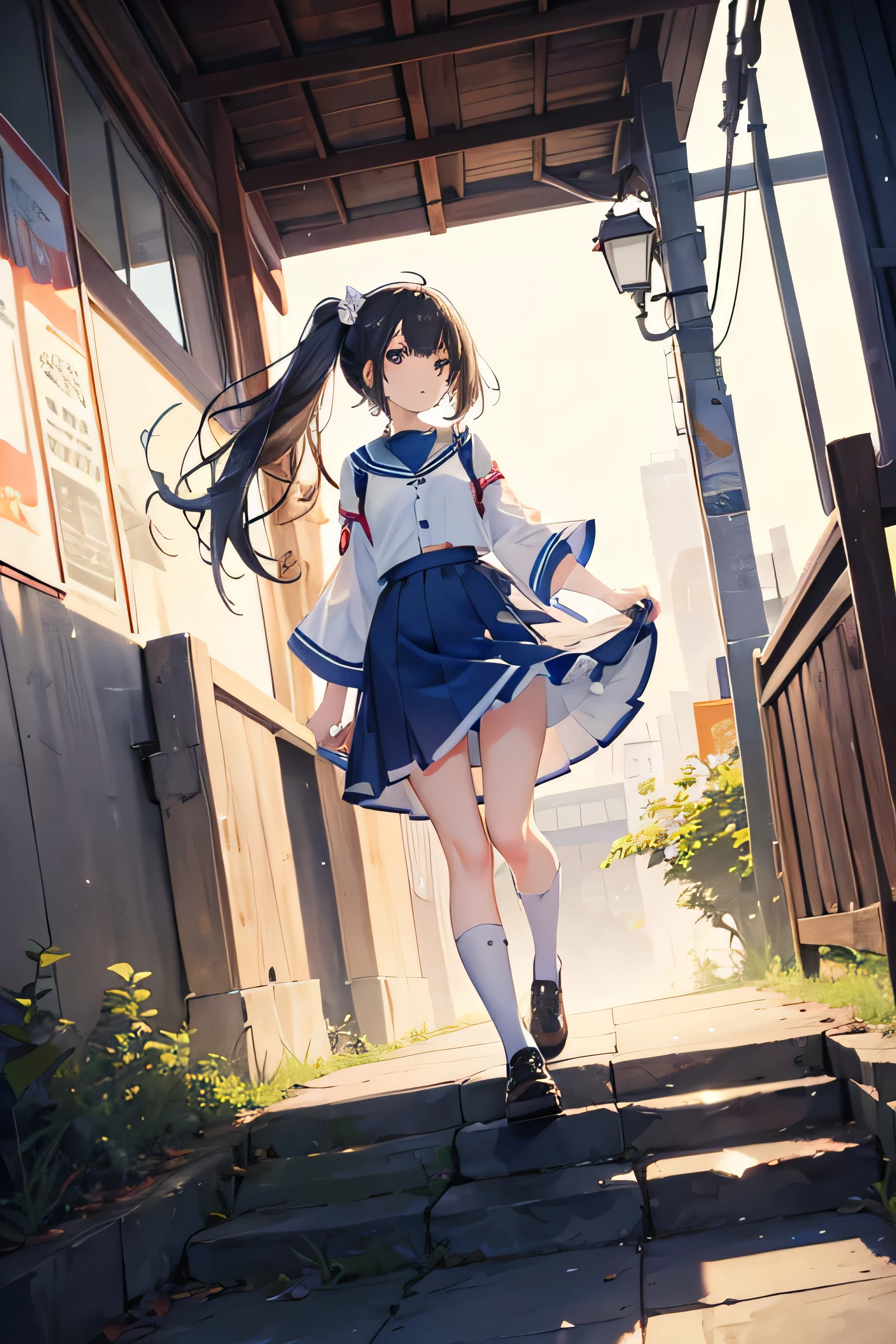 (alone), cute (One girl) walk,path,[From below:1.2　。Running up the stairs　Low - Angle　The lining of the skirt is visible　Anime girl in uniform　White panties　　Pokemon Girl Flat Chest　Black Hair　Long Hair　skirt　
