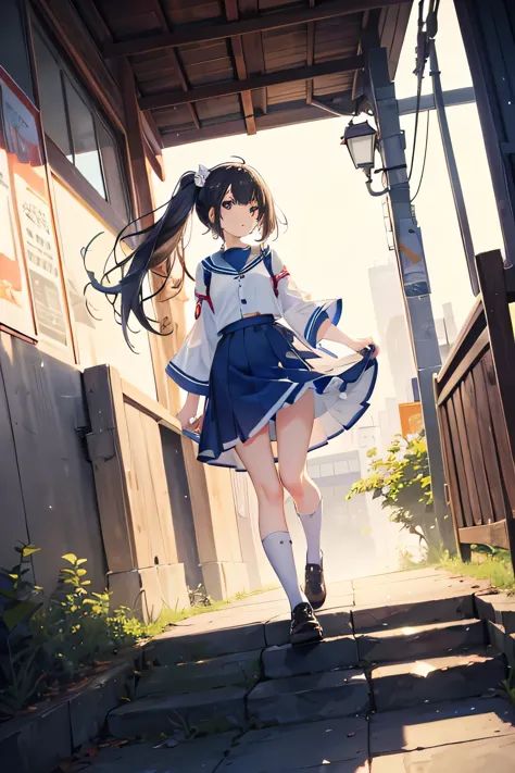 (alone), cute (One girl) walk,path,[From below:1.2　。Running up the stairs　Low - Angle　The lining of the skirt is visible　Anime g...