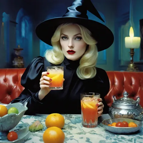 Miles Aldridge art, Hyperrealistic panoramic concept art, witch characterized by burnout, impostor syndrome, holding a drink, ut...