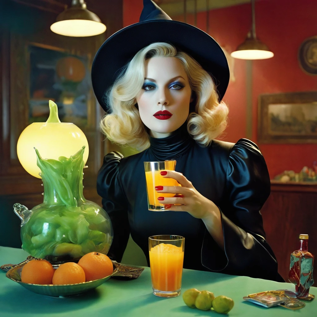 Miles Aldridge art, Hyperrealistic panoramic concept art, witch characterized by burnout, impostor syndrome, holding a drink, uttering an existential question, "Maybe I just have schizophrenia?!", engaged in an otherworldly conversation with spirits and entities blurting "Well, don't start, Ah!", employing double exposure technique, emphasizing shadows, hyperdetailed, 32K resolution, not low poly, isometric, correct hand anatomy, High Resolution, High Quality, Masterpiece