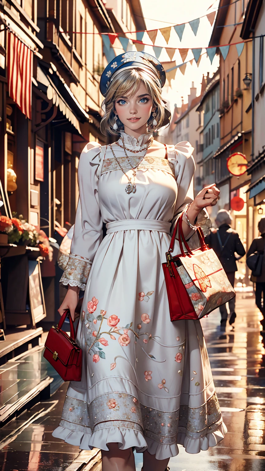 The Rue Mortorgeuil decorated with flags、Claude Monet、White woman、Silver Hair、Wear a floral dress、blue eyes、Holding a red handbag、smile