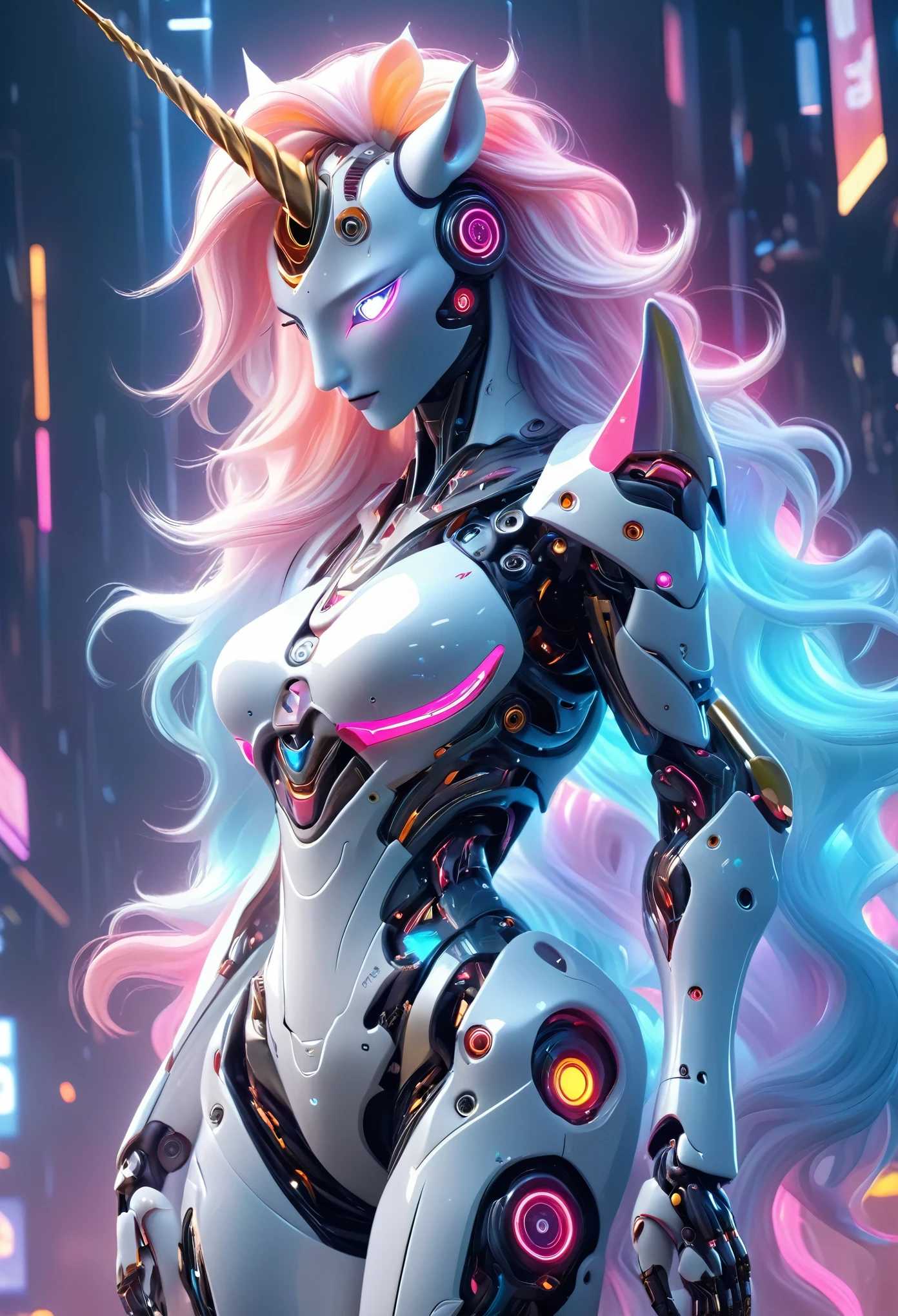 (best quality,4k,highres,masterpiece:1.2),ultra-detailed,(realistic,photorealistic:1.37), A breathtakingly beautiful female humanoid unicorn cyborg android, (a shimmering unicorn horn:1.8), porcelain skin, striking eyes, delicate features, futuristic sci-fi, intricate mechanical parts, glowing cybernetic implants, elegant and graceful pose, hyper-realistic, photorealistic, masterpiece, 8k, ultra-detailed, cinematic lighting, dramatic shadows, vivid colors, highly saturated, neon highlights, glowing energy fields, complex machinery, sleek and modern, cutting-edge technology, advanced AI, seamless integration of organic and mechanical elements