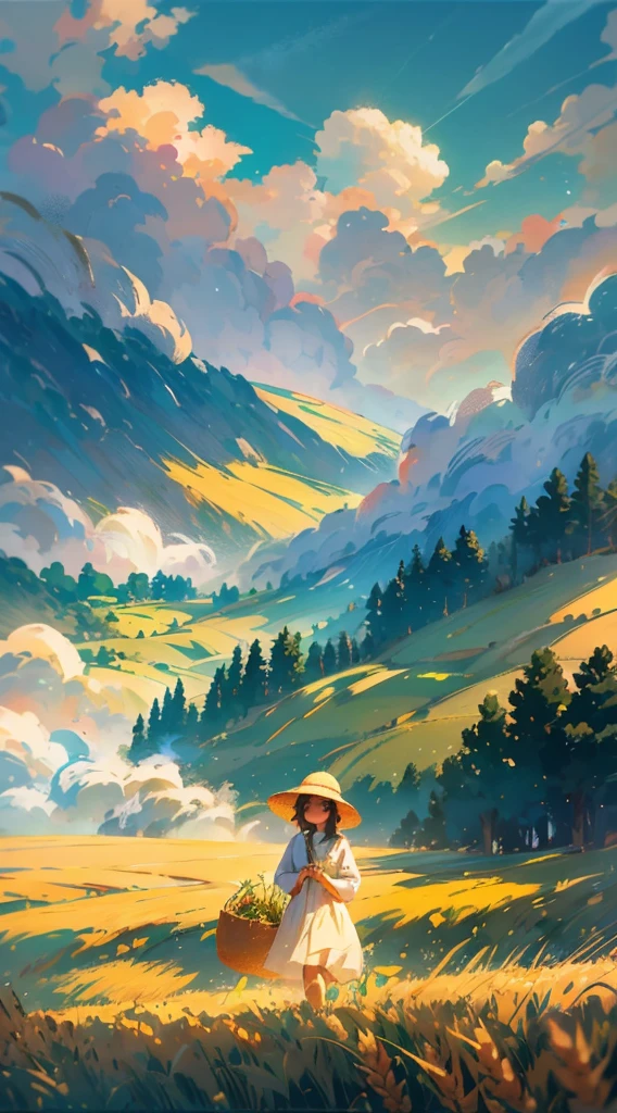 Wheat field, a farmer uncle with a straw hat standing in a wheat field, big clouds, blue sky, rice field, neat rice seedlings in the field, forest, hillside, secluded, rural, HD detail, hyper-detail, cinematic, surrealism, soft light, deep field focus bokeh, ray tracing and surrealism. --v6