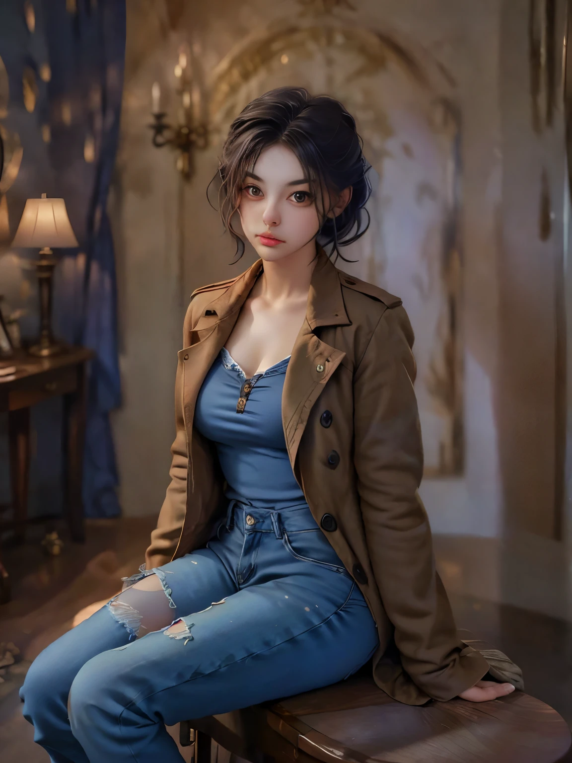 (suspense scene ((CONCEPT ART)), extremely detailed with a girl wearing jeans with brown coat and boots), (better lighting, better shadow, an extremely delicate and scary), (digital illustration), ((4k painting)), [(dynamic angle,((1girl)),white hair, (beautiful face, perfect face, scared,) expression of fear, torn clothes, a gun in hand, sitting on the floor, darkness, scary house),  [:(dark, mysterious, game paint, sinister setting, jagged corridors, big house, deadly silence):]
