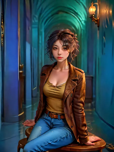 (suspense scene ((CONCEPT ART)), extremely detailed with a girl wearing jeans with brown coat and boots), (better lighting, bett...