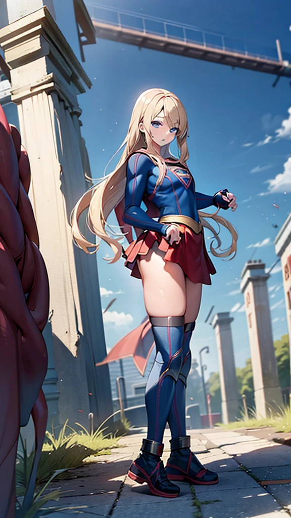 (full body),Low - Angle，Downから，Down，Big Booty Goth Girl, Medium chest, Pose in front,upright， Anime Style，3D Rendering,( Supergirl)，Blonde，Long Hair，Blue eyes，Thick thighs，Red Skirt，the skirt is short,，A blue leotard is visible under the skirt.，The skirt is blown up by the wind，