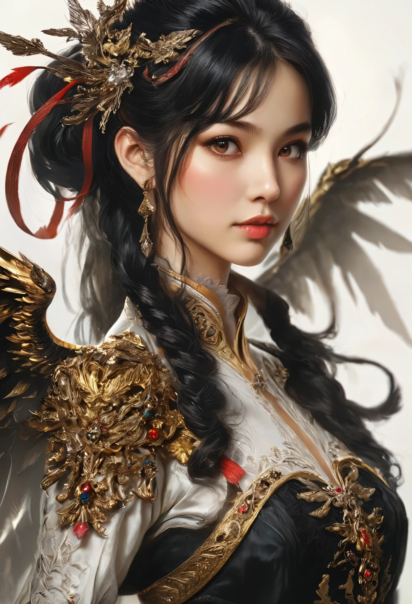 (best quality,4k,highres,masterpiece:1.2),ultra-detailed,(realistic,photorealistic:1.37),(highest quality), (detailed), Light Layer, Shiny skin, (intricate detailed, Tight clothes, Devil's Wings, hair ornaments:1.2), From above, Black Hair, Black choker, Long Hair, Hime cut, woman, Blunt bangs, Side Lock, Red eyes, Holding a walking stick,Holding a scythe,Holding a sword, (young woman:1.1), Side Ponytail  (Simple Background:1.1),  