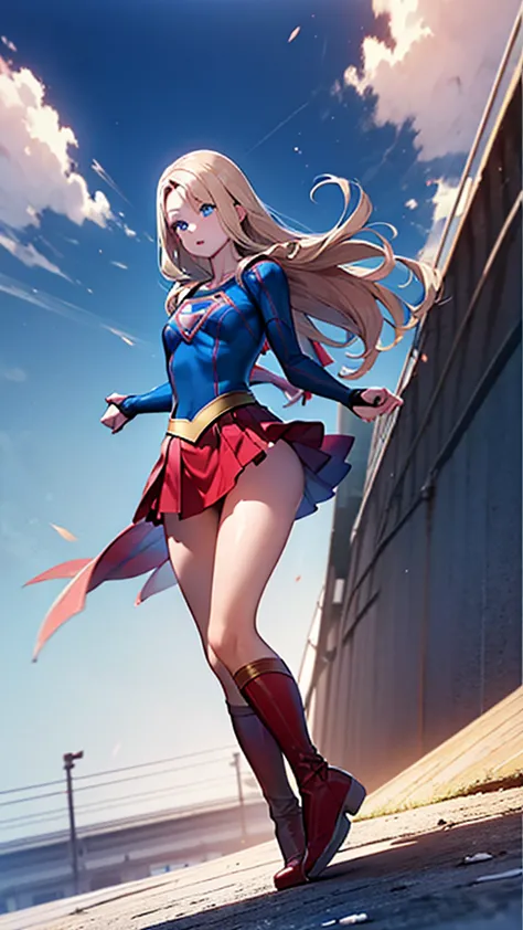 (full body),Low - Angle，Downから，Down，Big Butt Girl, Medium chest, Pose in front,upright，3D Rendering,( Supergirl)，Blonde，Long Hai...