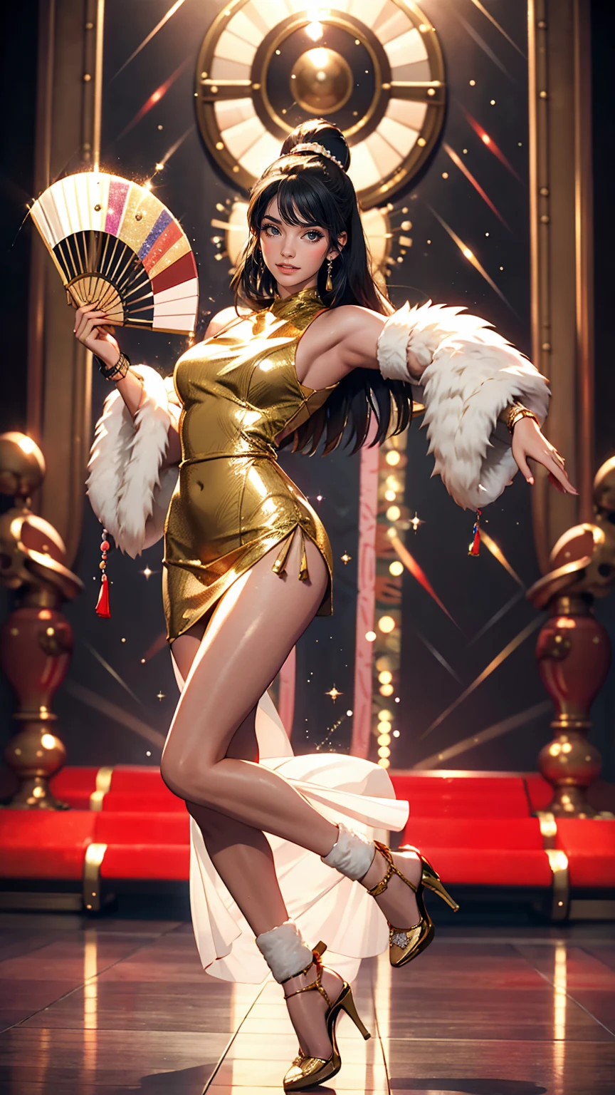 24 year old Japanese woman、Bodycon style from the 1990s bubble era、Dancing happily at the disco、Straight long hair、A mirror ball shines overhead、smile、erotic、Wearing high heels、Holding a fan with fake fur