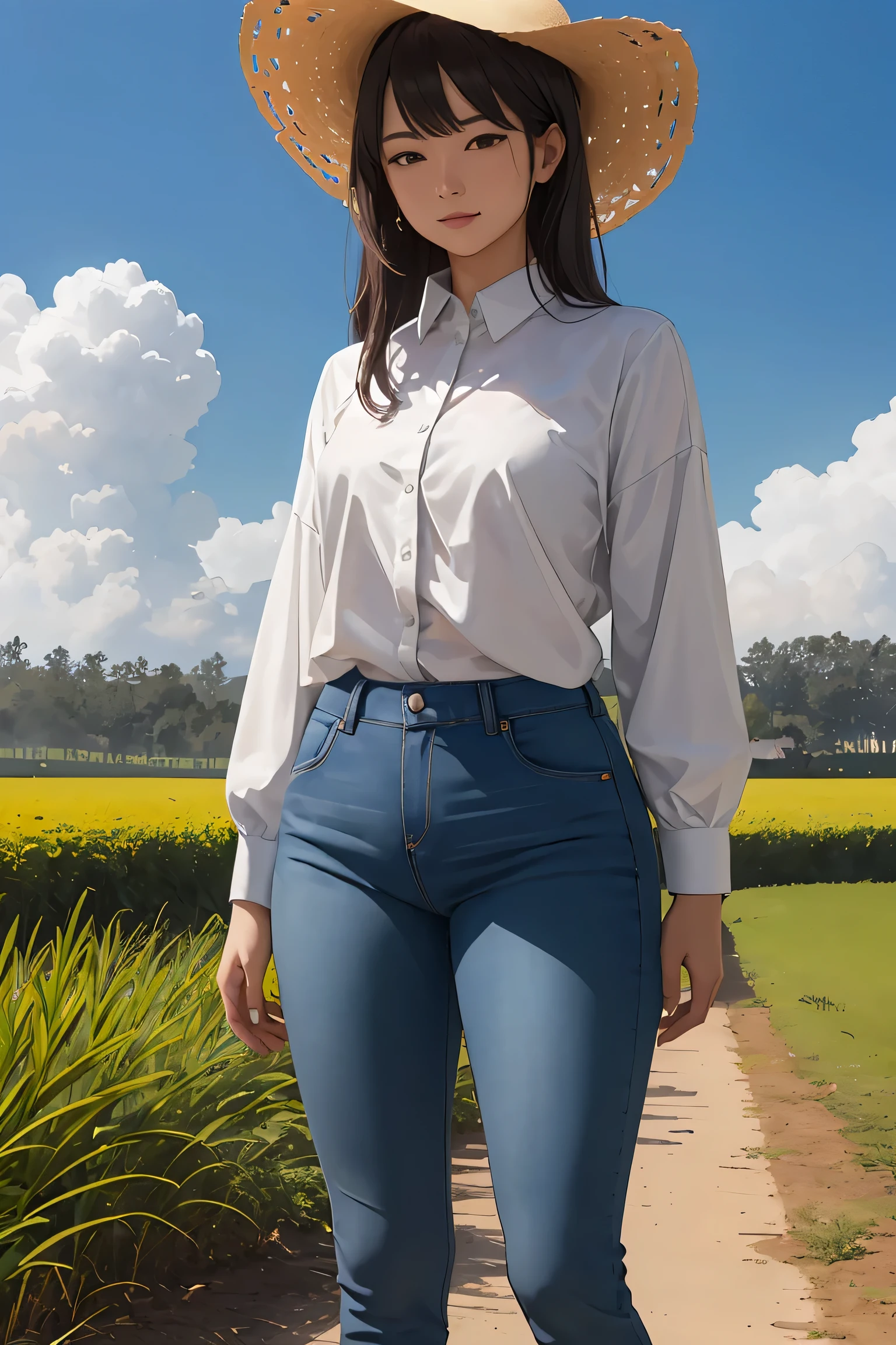 masterpiece ,best quality, An agronomist woman dressed in jeans and a white long-sleeved shirt, sun hat, and boots, is in a sugar cane field with sunny weather. There are not many clouds in the sky, which is blue. The image should be realistic and in 8k resolution.
