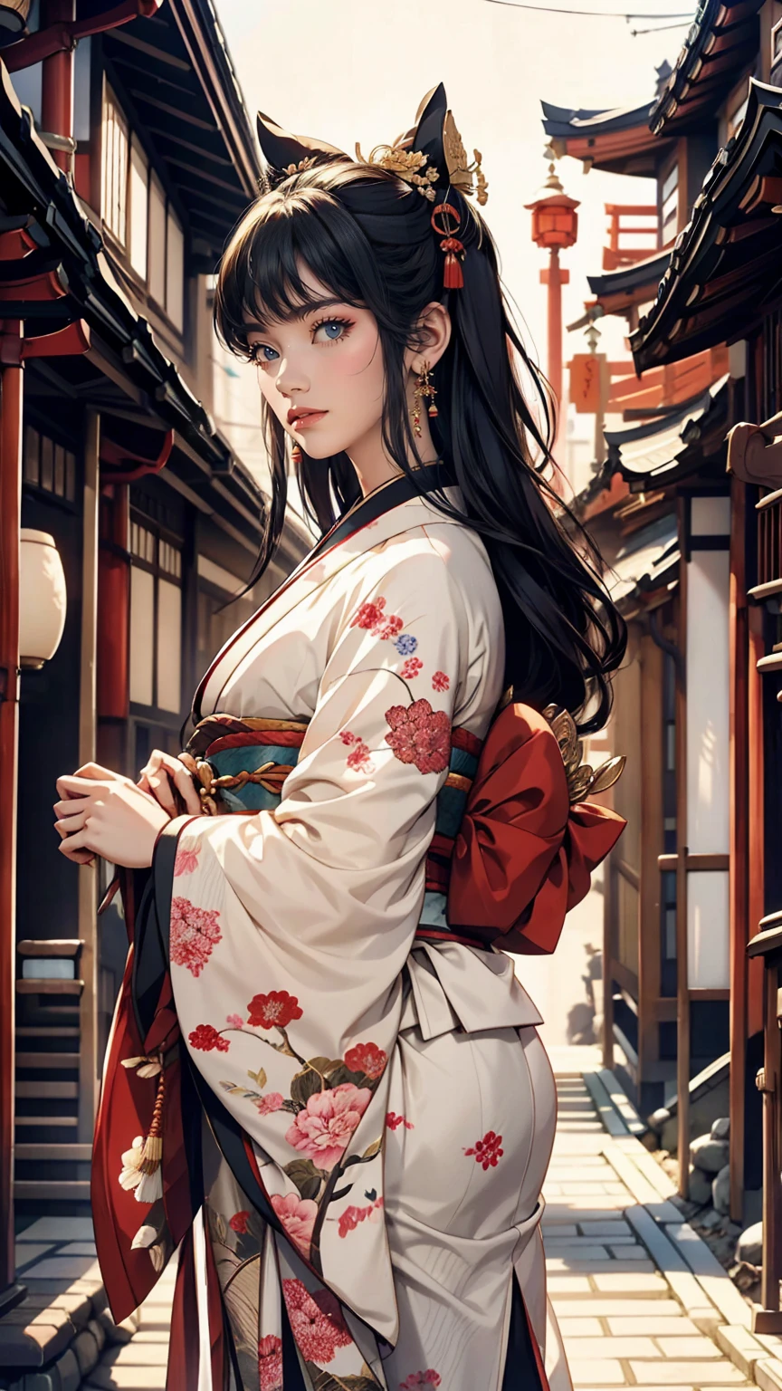 Japón&#39;s Heian Period、nobleza heiana、público、Murasaki Shikibu、Quimono de doce capas((12 FOTOS))tener puesto、Ubicado en una mansión estilo templo.、pelo negro、pelo largo、Cabello hasta los tobillos