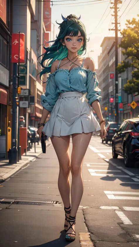 ((Best quality)), ((masterpiece)), (anime), a beautiful sexy woman walking down the street in a short skirt, a blouse and high p...