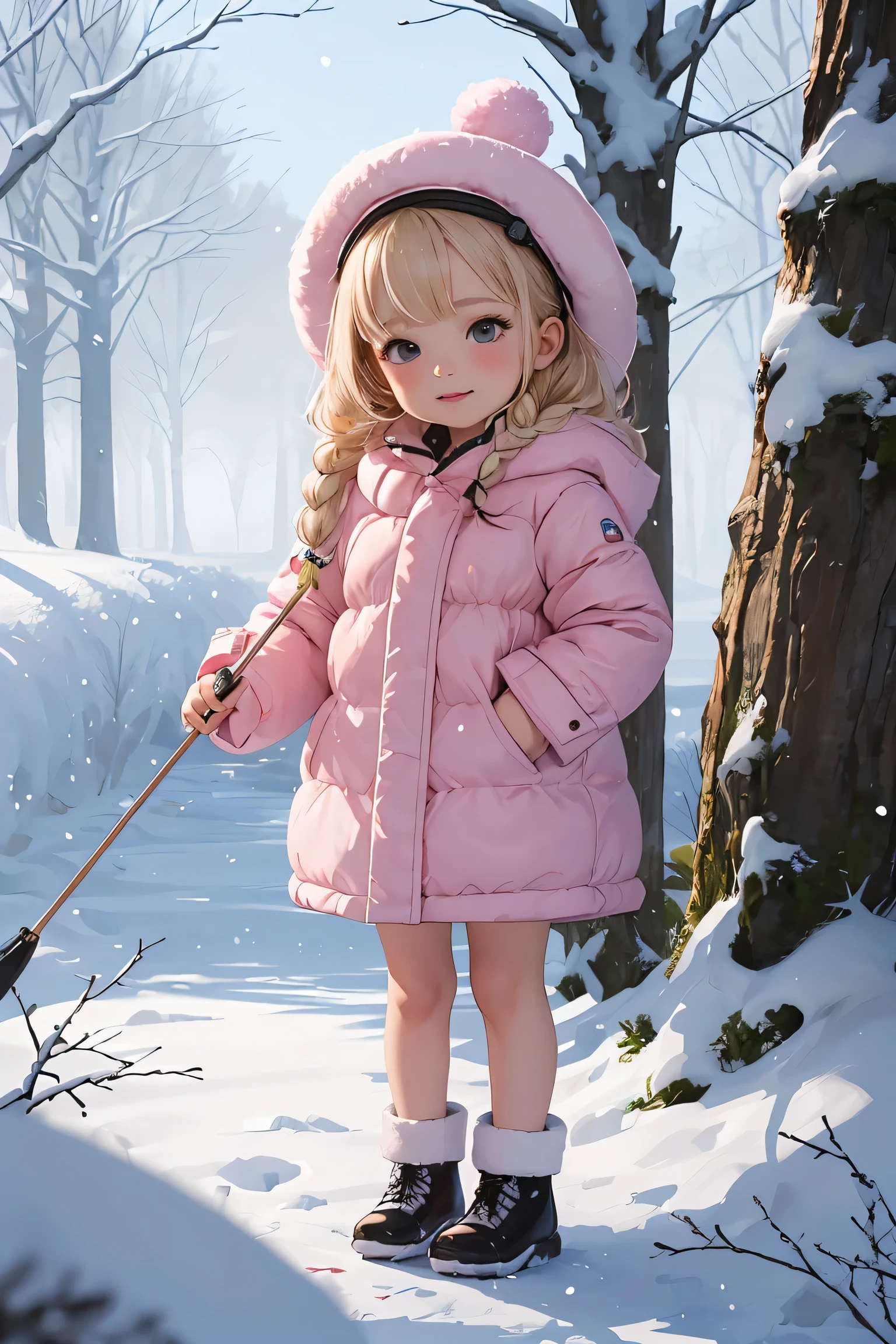 Meisterwerk ,beste Qualität, Ganzkörper eines realistischen süßen Chibi-Babymädchens im Winter, sommersprossig mit zwei Zöpfen in ihrem langen weißblonden Haar. Sie spielt in einem verzauberten Winterzaubergarten. Clipart digitaler Kunststil, rosa Farben, rosa Mantel und Hut. Sehr detailiert