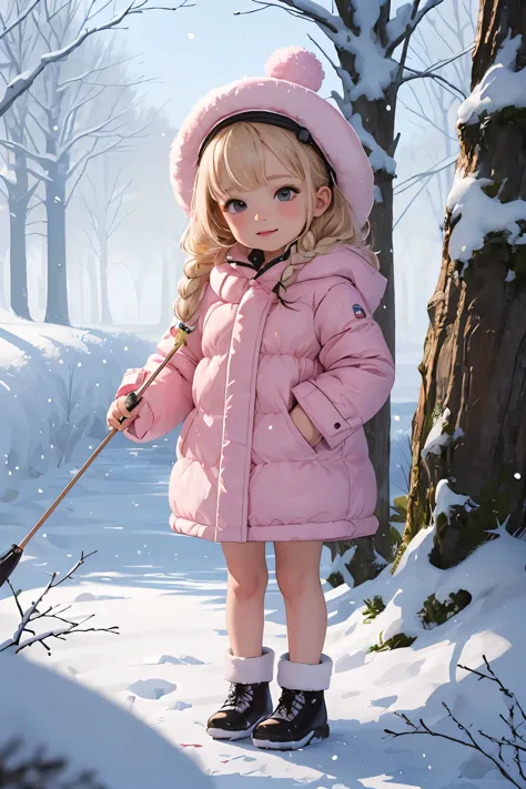 masterpiece ,best quality, Full body of a realistic sweetness baby chibi girl in winter, freckled with two braids in her long wh...