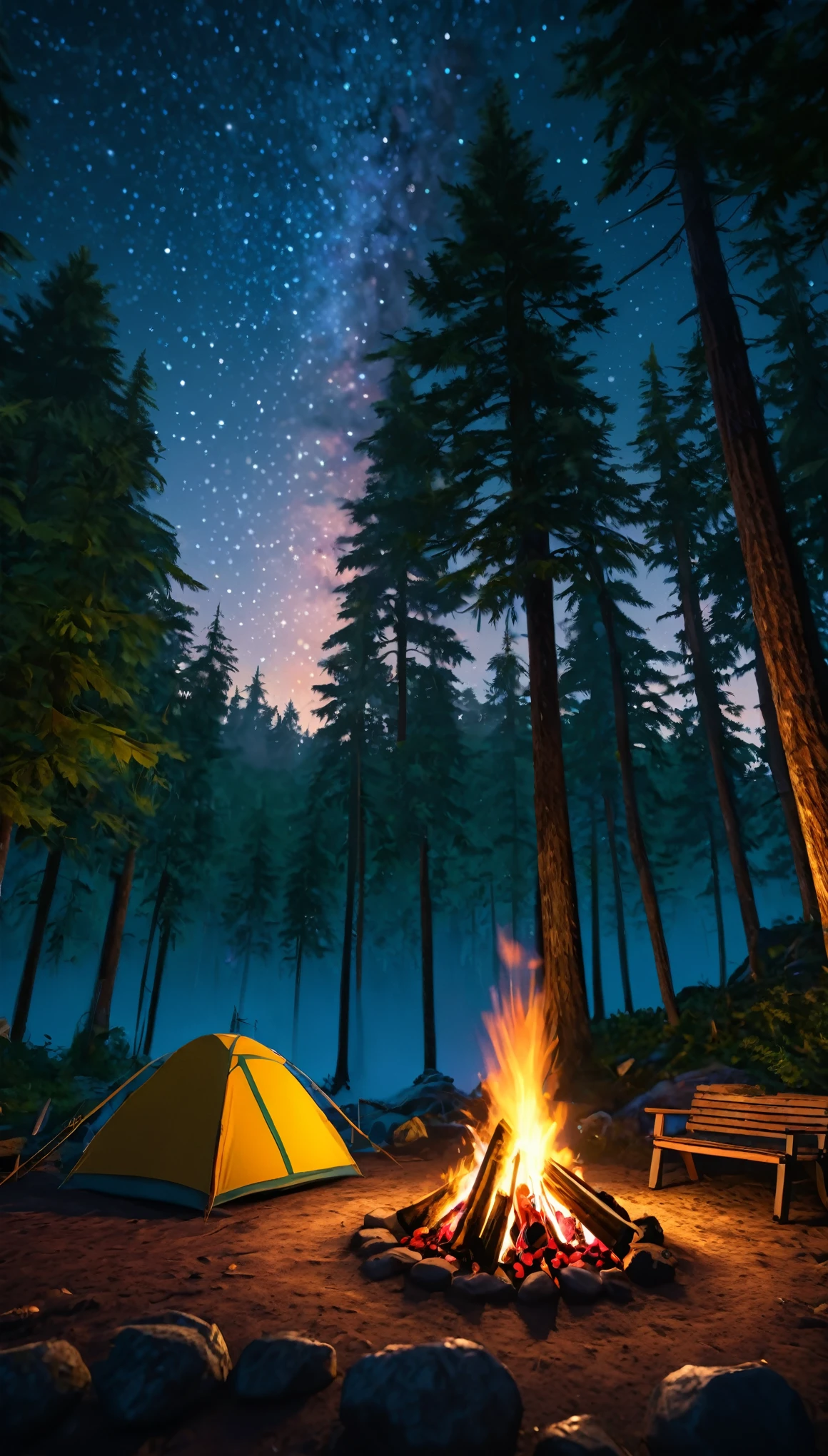a breathtaking outdoor camping scene, 1 person camping in a lush forest, campfire, night sky with stars, detailed tent, detailed campfire, detailed forest foliage, intricate details, warm lighting, cinematic, high fantasy, vibrant colors, dramatic lighting, photorealistic, (best quality,4k,8k,highres,masterpiece:1.2),ultra-detailed,(realistic,photorealistic,photo-realistic:1.37),HDR,UHD,studio lighting,ultra-fine painting,sharp focus,physically-based rendering,extreme detail description,professional,vivid colors,bokeh