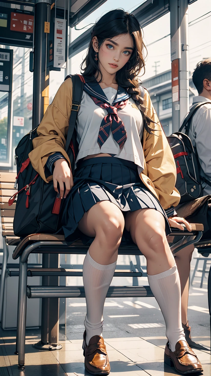 Japanese 、Sailor suit、Navy blue mini pleated skirt、loafers、School bag、Sitting in a chair with a classmate of the same sex in the bus stop waiting room while waiting for the bus、one summer day
