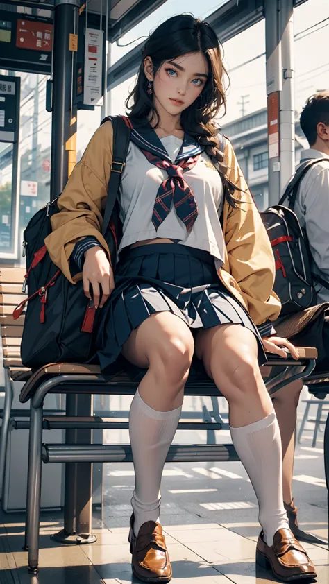Japanese 、Sailor suit、Navy blue mini pleated skirt、loafers、School bag、Sitting in a chair with a classmate of the same sex in the...