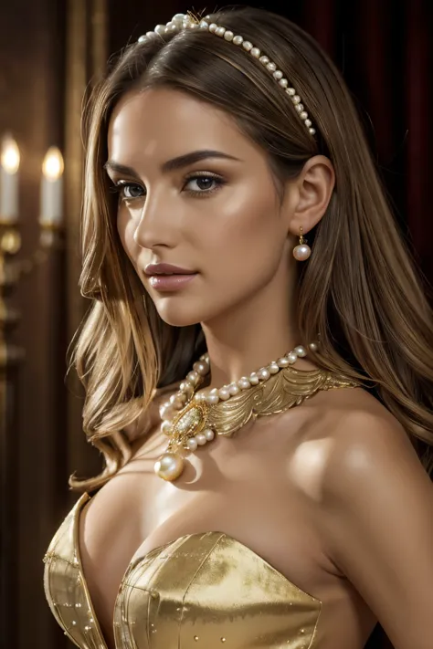 Exquisite Golden Pearl-Covered Collar, Highly Detailed, Professionally Crafted
Stunning European Female, Pearls cascading down l...