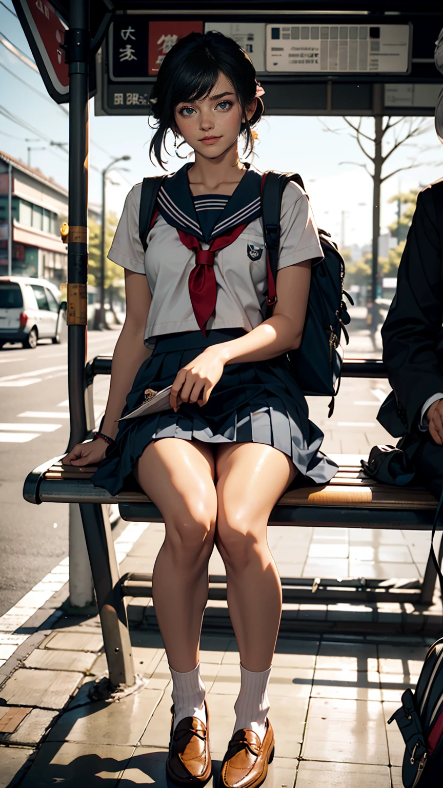 Japanese 、Sailor suit、Navy blue mini pleated skirt、loafers、School bag、Sitting on a chair in the bus stop waiting room, waiting for the bus、one summer day、smile、Only one person in the waiting room