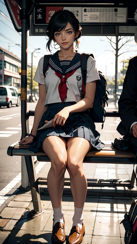 Japanese 、Sailor suit、Navy blue mini pleated skirt、loafers、School bag、Sitting on a chair in the bus stop waiting room, waiting f...