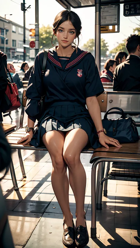 japanese 、sailor suit、navy blue mini pleated skirt、loafers、school bag、sitting on a chair in the bus stop waiting room, waiting f...