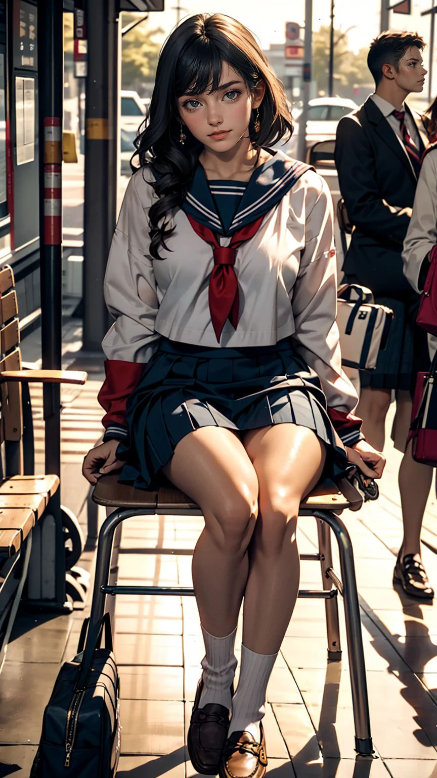 Japanese 、Sailor suit、Navy blue mini pleated skirt、loafers、School bag、Sitting on a chair in the bus stop waiting room, waiting for the bus、one summer day、smile、Only one person in the waiting room