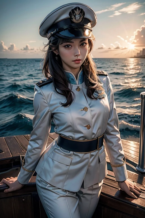 白いOcean軍の軍服を着た美しい女性、Mature Woman、1 girl、(Delicate face、Detailed eyes and face、double eyelid、Glossy lips)、Dark brown updo、白いOcean軍の軍服、Highly detailed costume、There are many medal badges on the white military uniform、military cap、pants、boots、On board、 Stand on the deck of the ship、Mature adult woman、Slim Waist、Sharp long legs、(8K,highest quality, masterpiece、Ultra-high resolution)、Portrait, High-definition skin texture、Ocean, storm, Wind,Realistic、Official Art、Ultra-realistic