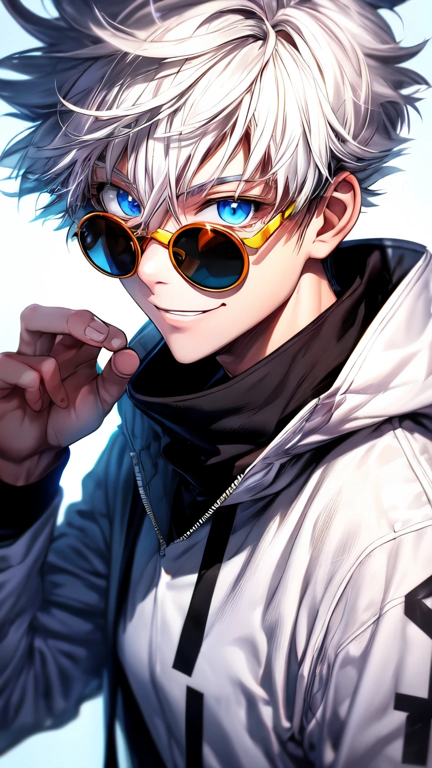 gojou satoru, solo, looking at viewer, smile, short hair, bangs, blue eyes, simple background, long sleeves, 1boy, white background, hair between eyes, closed mouth, jacket, upper body, white hair, male focus, pants, hand up, black jacket, eyelashes, sunglasses, high collar, colored eyelashes, round eyewear