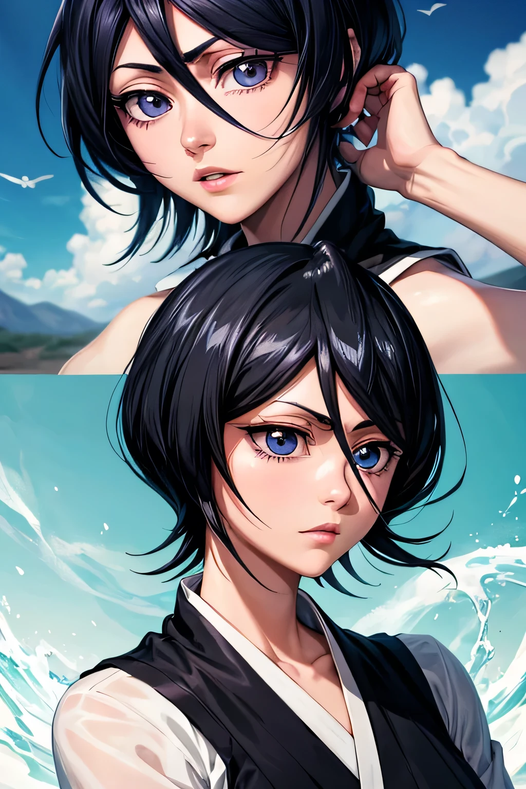 Rukia kuchiki eau de javel belle heureuse yeux bleus cheveux courts noirs belle fille. avec un gros plan de ton visage