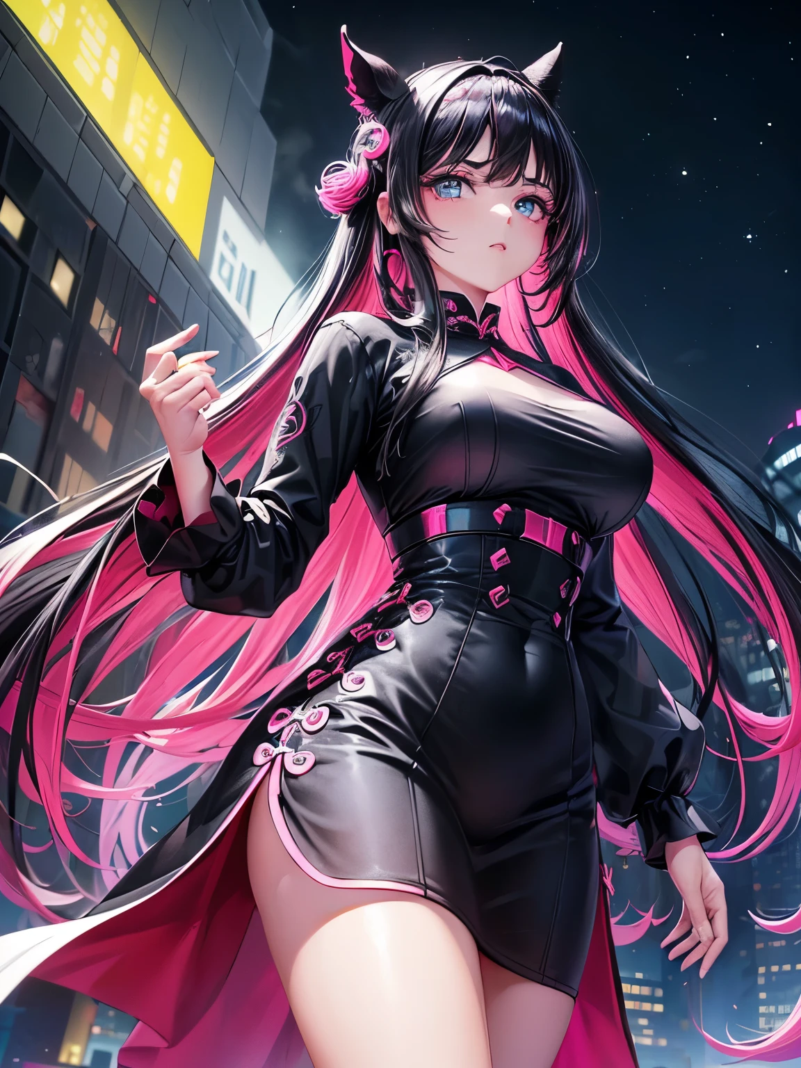 アニメ, (work of art, best qualityer, ultra detali, hight contrast), 1womanl (standing alone, whole body, corpo plus size, standing on the edge of the skyscraper, silver hair, LONG in a ponytail, Eyes red, perfect eyes ruby sparkles, (simple black qipao, black cybernetics with neon pink), black transparent socks), (skyscraper roof, overlooking a city, detailed back ground ((Night time, darkness, low light pollution)))