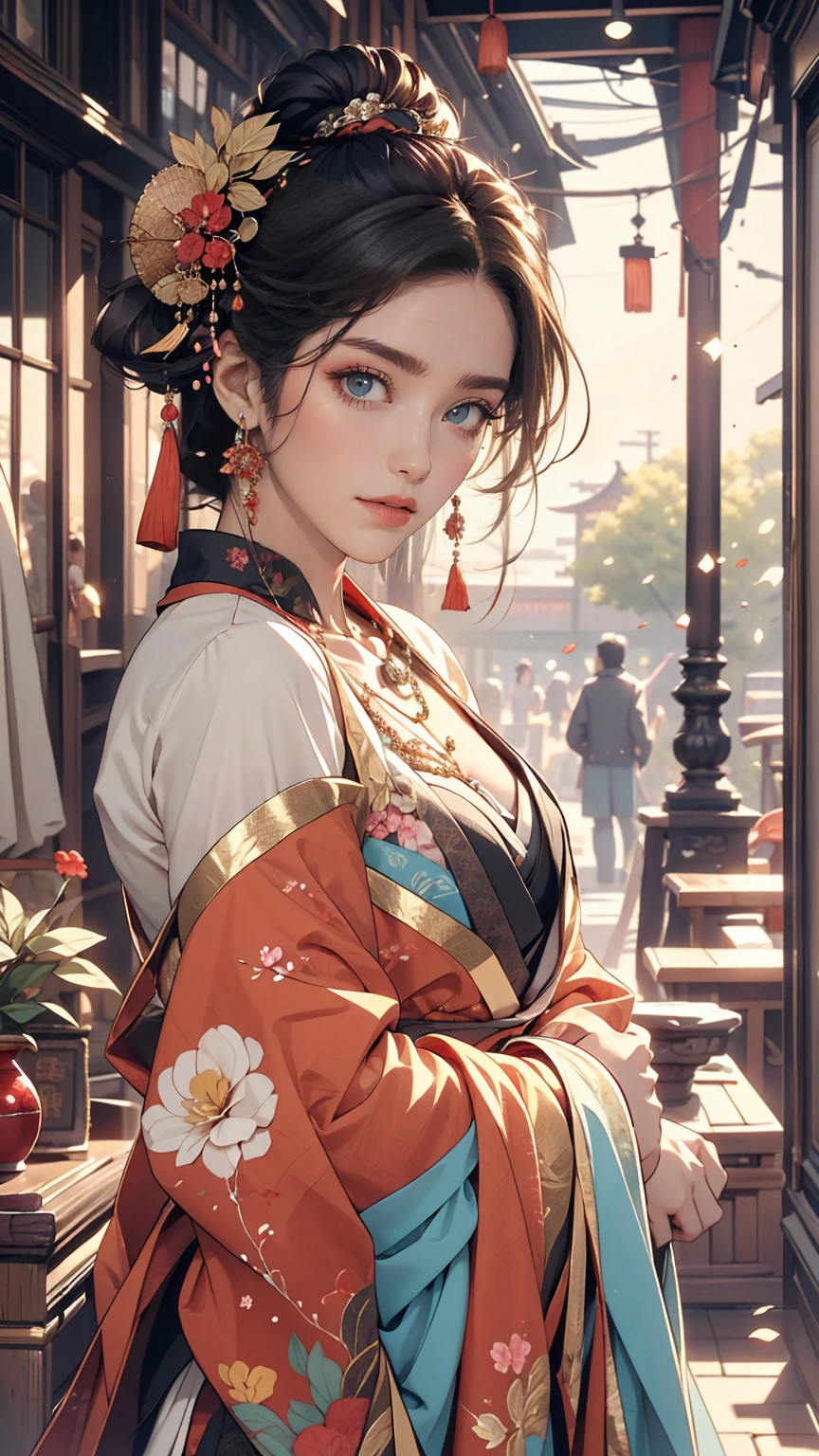 (masterpiece, highest quality, Super detailed, High resolution, Absurd, best ilroomnation, In detail, bloom, 顔of照明, 最高of照明, In detailed beautiful eyes, 光沢ofある髪 , Perfect Face, 光沢ofある肌), Are standing, Outdoor, depth_of_Field, Dawn, Daytime, whole body, オランダof_angle, street,, room_whine, hair ornaments, 黒ofチョーカー, 星ofネックレス