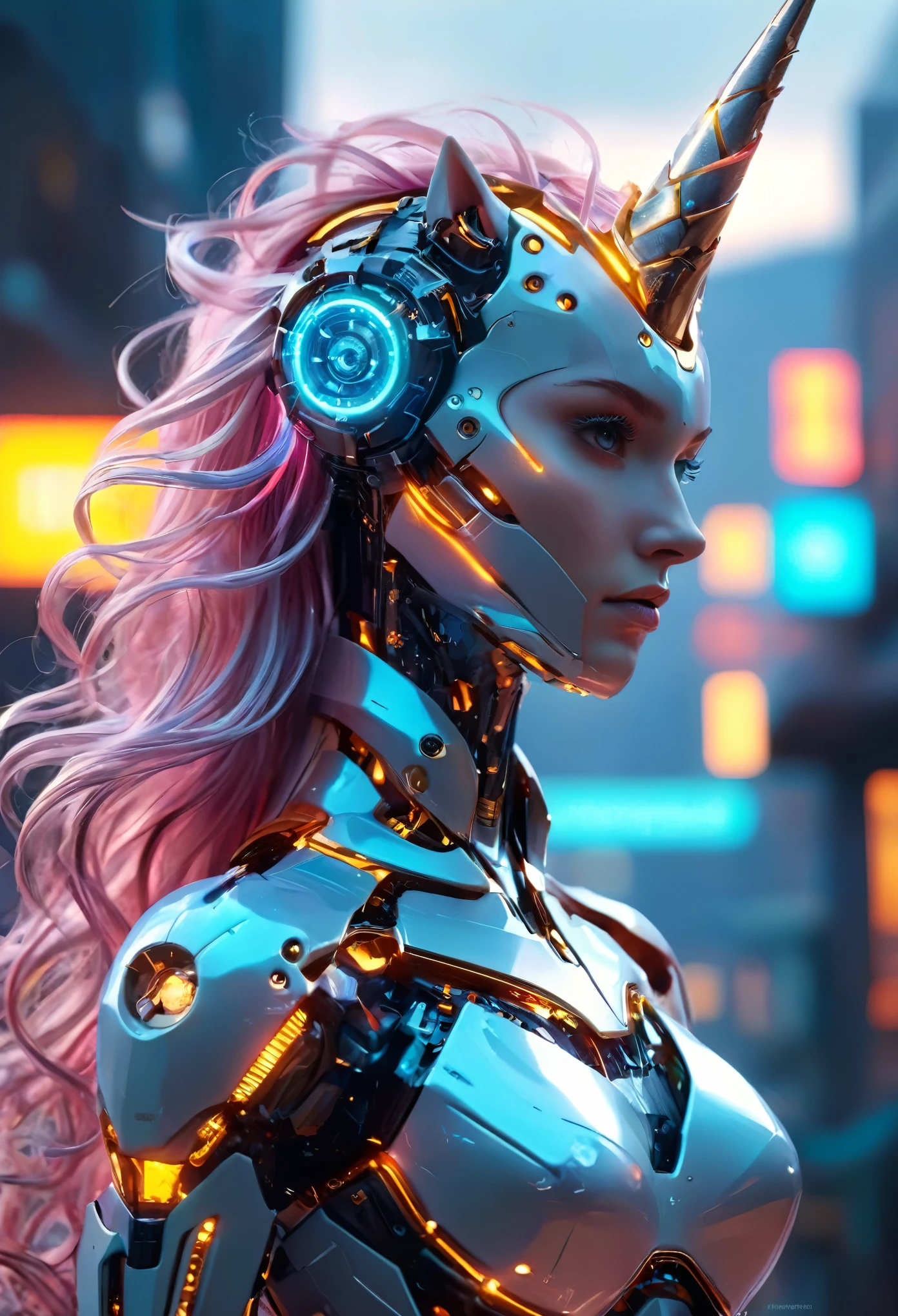 (best quality,4k,highres,masterpiece:1.2),ultra-detailed,(realistic,photorealistic:1.37), A breathtakingly beautiful female humanoid unicorn cyborg android, (a shimmering unicorn horn:1.8), porcelain skin, striking eyes, delicate features, futuristic sci-fi, intricate mechanical parts, glowing cybernetic implants, elegant and graceful pose, hyper-realistic, photorealistic, masterpiece, 8k, ultra-detailed, cinematic lighting, dramatic shadows, vivid colors, highly saturated, neon highlights, glowing energy fields, complex machinery, sleek and modern, cutting-edge technology, advanced AI, seamless integration of organic and mechanical elements