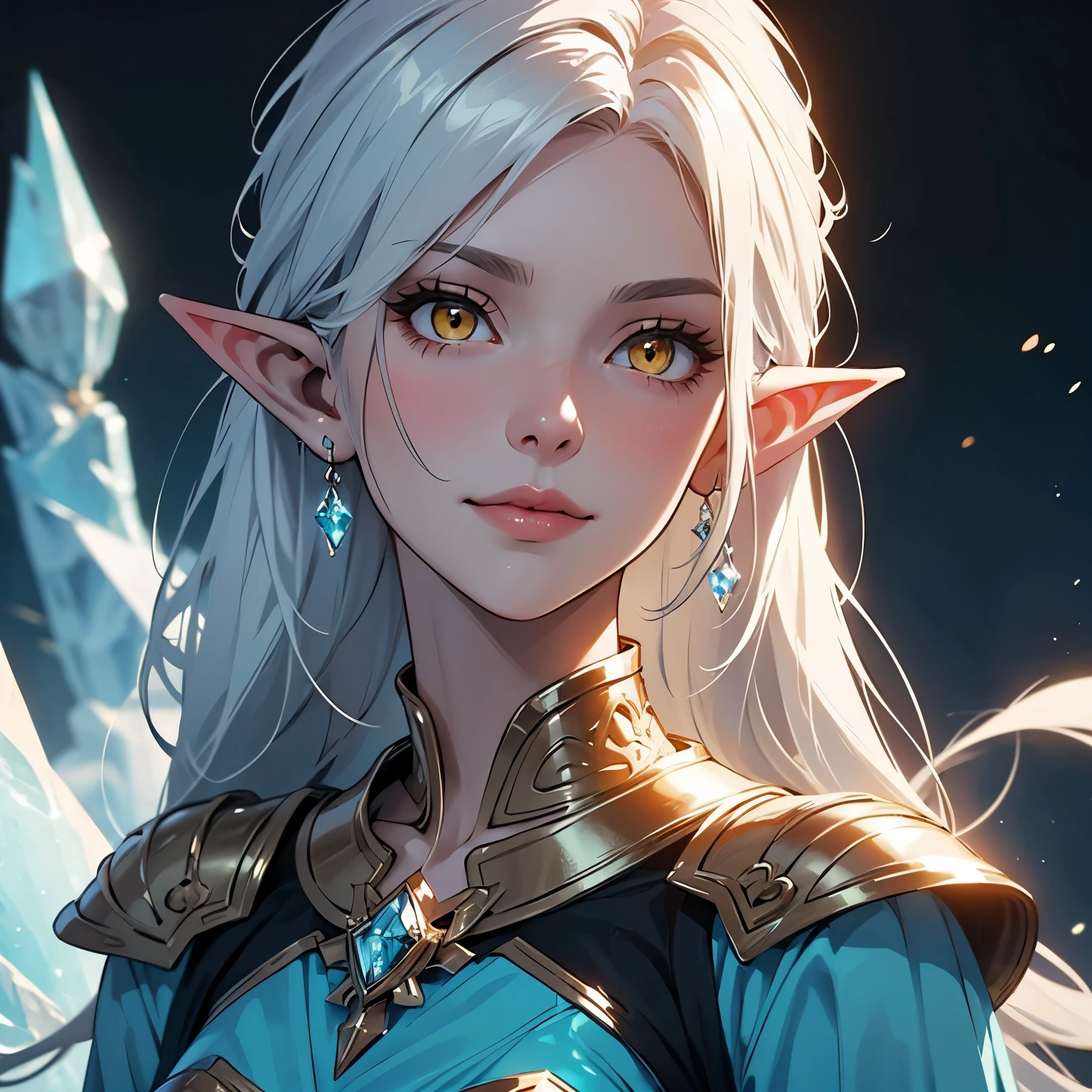 portrait,(half body portrait of an ice elf:1.2), medium length elf ears, pointy ears,ice around, frosty theme,( shiny yellow eyes:1.2), light cold smile, arrogant facial expression, sexy Russian style costume, Blue crystal jewelry, icy blue glowing tattoos,Detailed,Realistic,4k highly detail,by Mappa studios,masterpiece,best quality,official art,illustration,ligne claire,(cool_color),perfect composition,fantasy,focused,rule of third, anime, niji, style