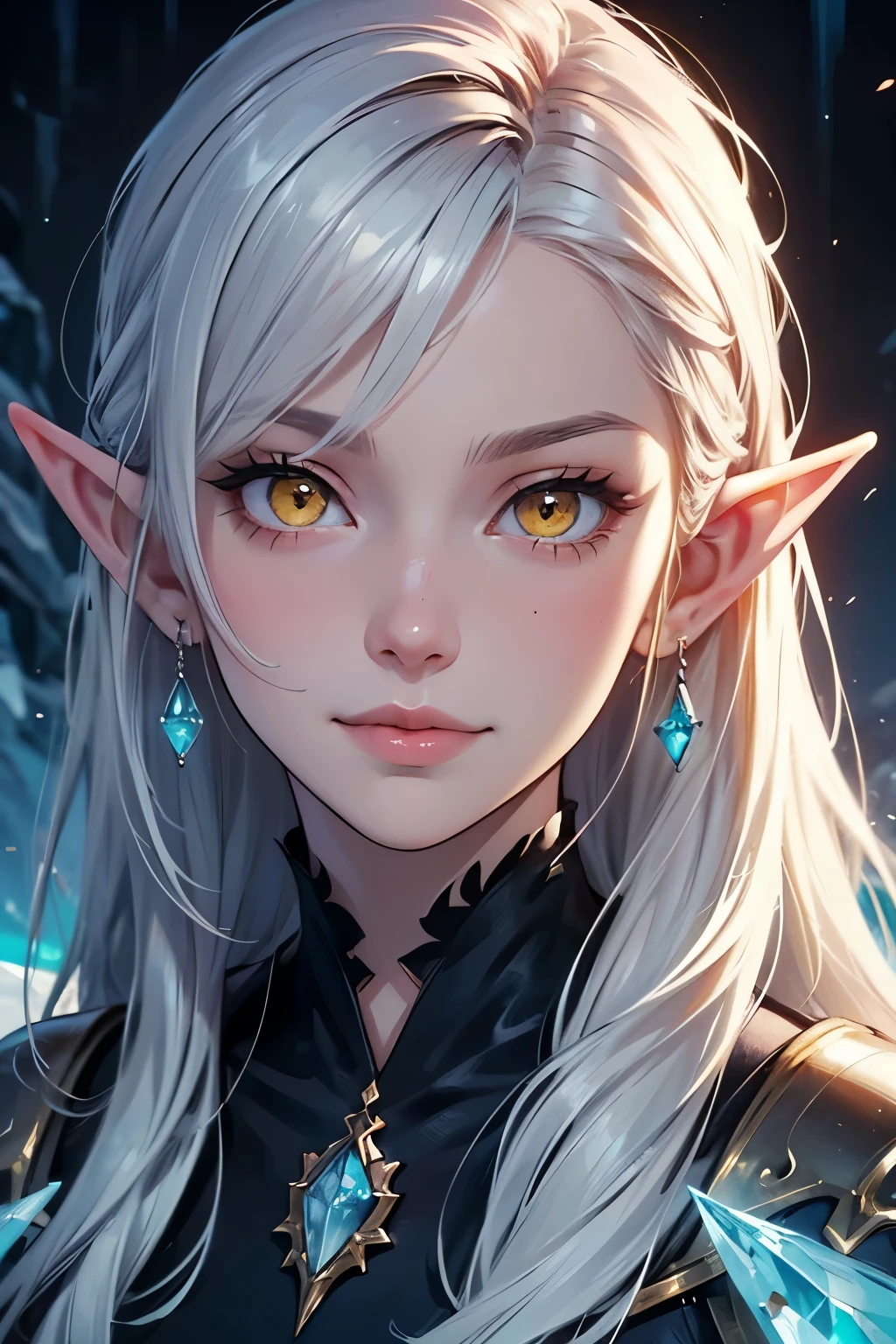 portrait,(half body portrait of an ice elf:1.2), medium length elf ears, pointy ears,ice around, frosty theme,( shiny yellow eyes:1.2), light cold smile, arrogant facial expression, sexy Russian style costume, Blue crystal jewelry, icy blue glowing tattoos,Detailed,Realistic,4k highly detail,by Mappa studios,masterpiece,best quality,official art,illustration,ligne claire,(cool_color),perfect composition,fantasy,focused,rule of third, anime, niji, style