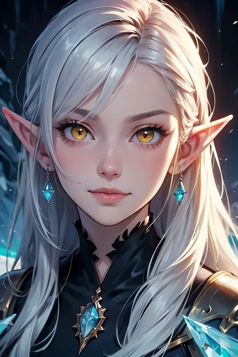 portrait,(half body portrait of an ice elf:1.2), medium length elf ears, pointy ears,ice around, frosty theme,( shiny yellow eye...