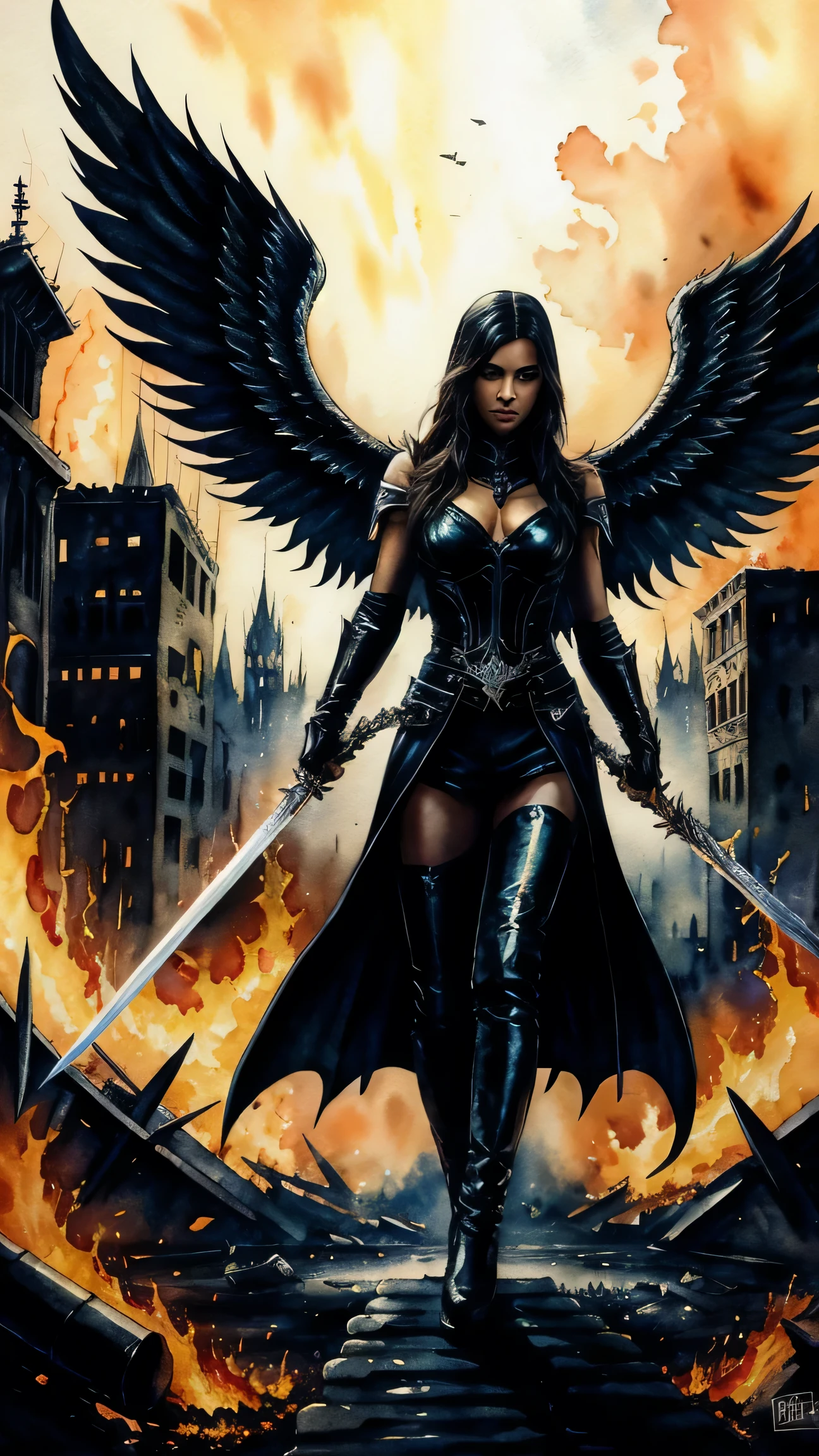 dark angel, angel of death with shiny sword, spreading dark wings, in the background city in ruins and flames, modern art, painting, drawing, watercolor, psychedelic colors