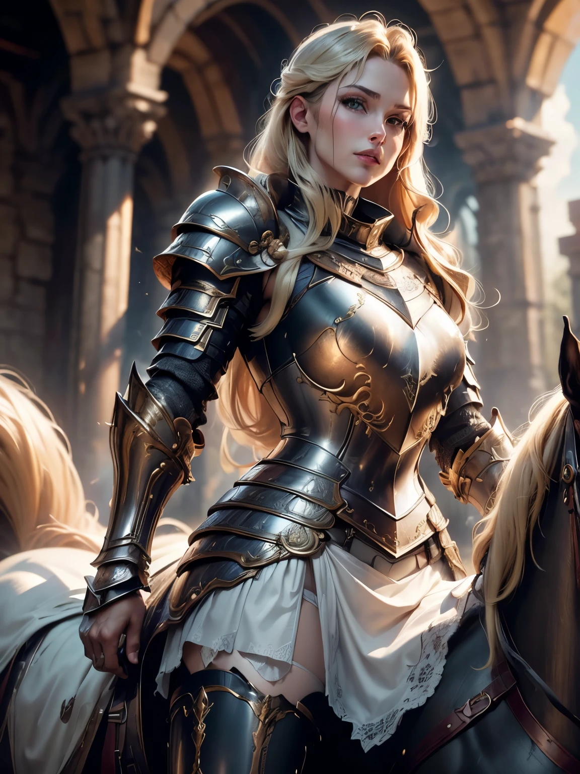 (Masterpiece, Superb Detail, Super Detailed, High Resolution), Male Focus, (((Female Armor))), (((Armor Dress Set))), (She Has Long Blonde Hair, Medium Breasts, Slim, perfect body, beautiful face), look at viewer, (((white panty))), (((riding a horse))), City Ruins, Background Details, Solo