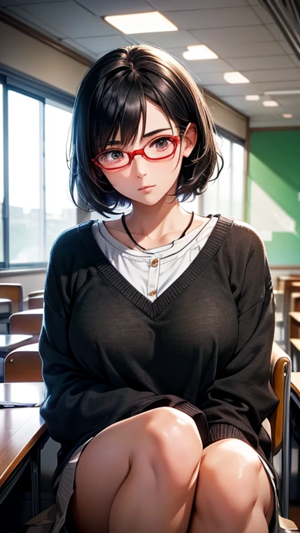 a beautiful anime girl with short Black hair, detailed face, detailed, extremely detailed, wearing pretty glasses, red cheeks, high school girl, high , looking at viewer, in a classroom,