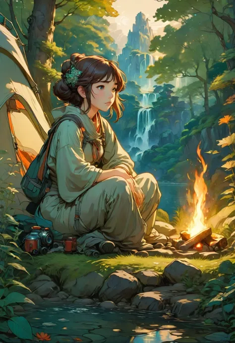 Outdoor Camping, by Studio Ghibli and Alphonse Mucha, best quality, masterpiece, very aesthetic, perfect composition, intricate ...