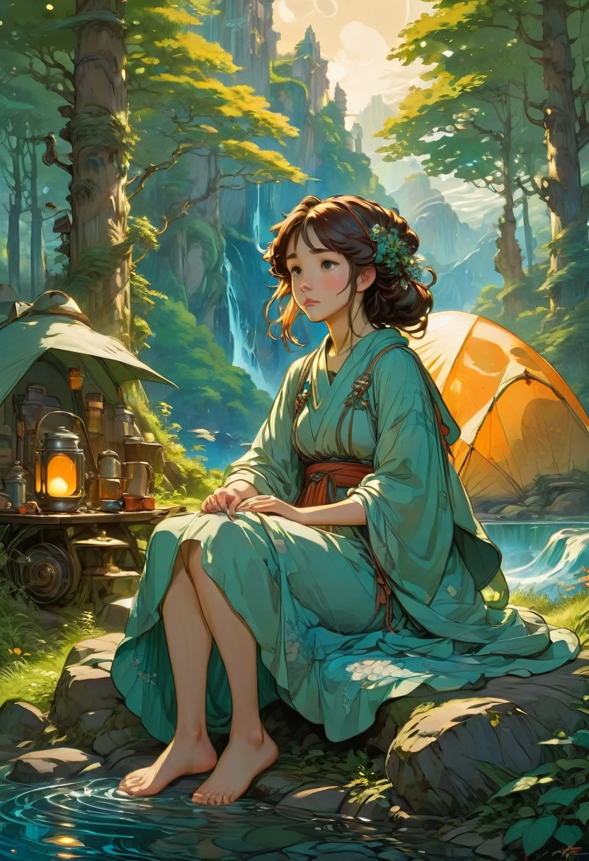 acampamento ao ar livre, por Studio Ghibli e Alphonse Mucha, melhor qualidade, Obra de arte, muito estético, composição perfeita, Detalhes intrincados, ultra-detalhado