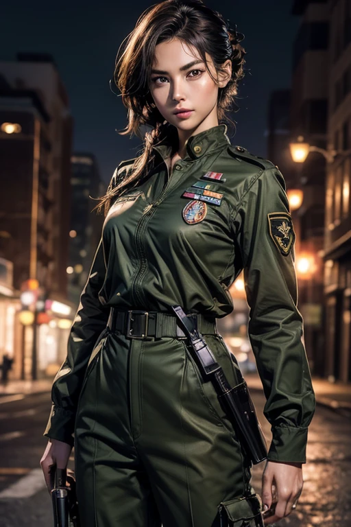 アメリカnull軍の軍服を着た美しい女性、1 girl、(Delicate face、Detailed eyes and face、double eyelid、Glossy lips)、Dark brown updo、null軍の軍服、Army Green Uniform、Highly detailed costume、There are many medal badges on the uniform、pants、boots、Fighter plane in the background、Mature adult woman、Slim Waist、Sharp long legs、(8K,highest quality, masterpiece、Ultra-high resolution)、Full body portrait, High-definition skin texture、null, Wind,Realistic、Official Art、Ultra-realistic